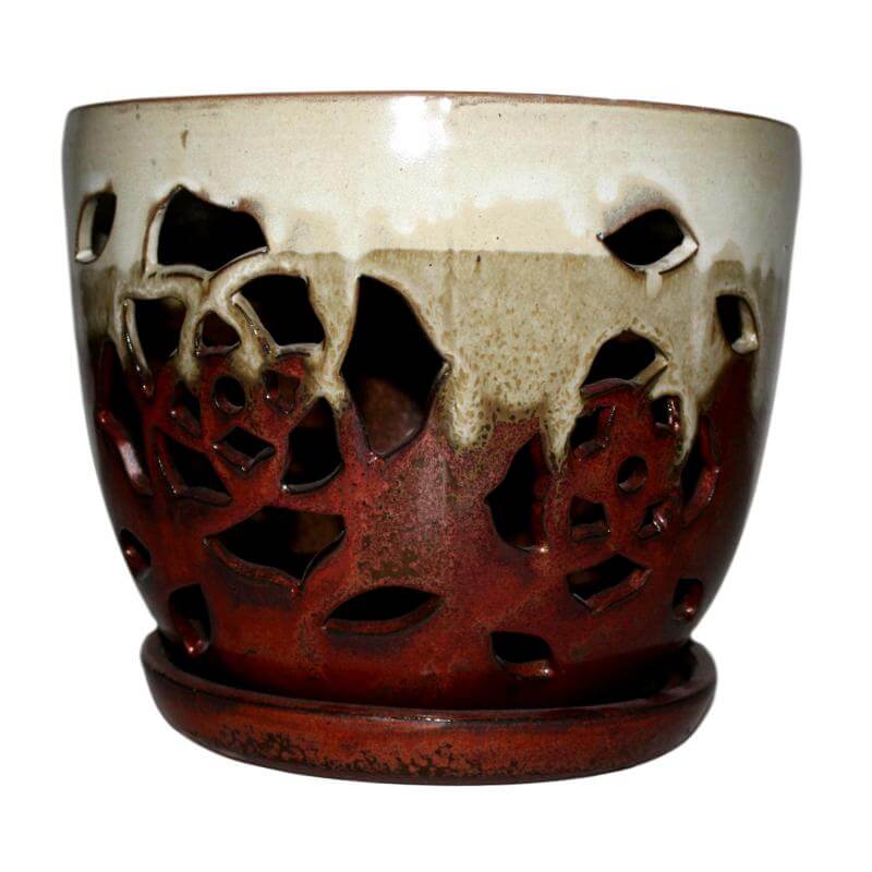 8-inch Copper Honey Cream Floral Hollow Ceramic Flower Pot