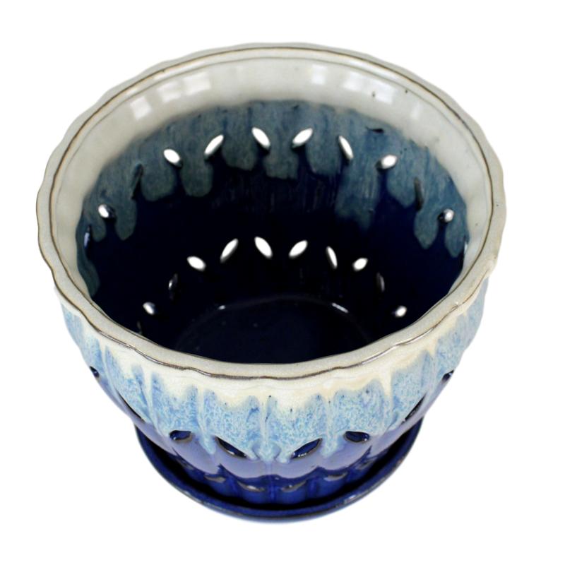 8" Sky Blue Over Cobalt Pinwheel Fluted Ceramic Planter