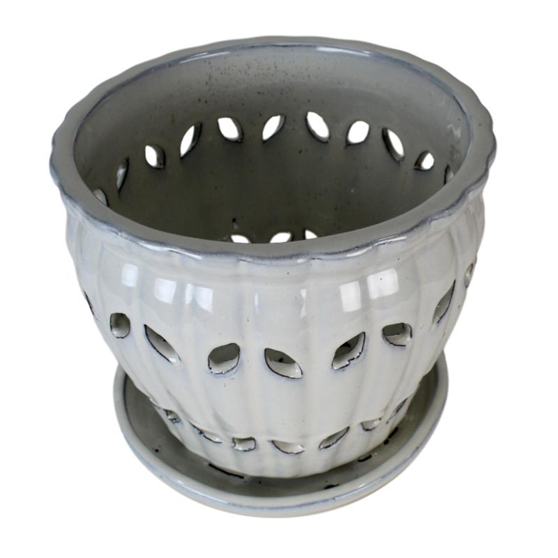 8" White Diamond Pinwheel Fluted Ceramic Planter